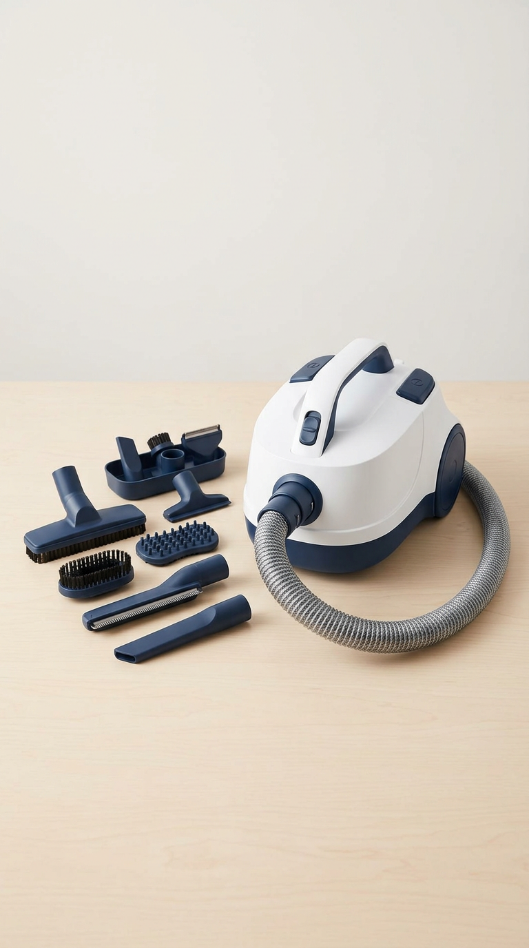 White and navy grooming vacuum canister